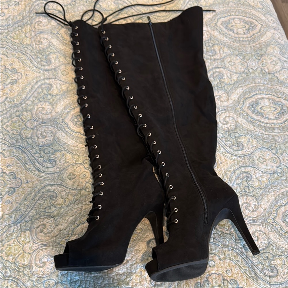 Torrid Black Lace-Up Knee-High Boots - Picture 2 of 4